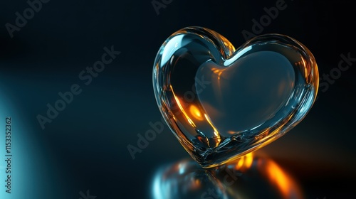 A transparent 3D glass heart icon with smooth refraction, glowing edges, isolated on a dark reflective surface
