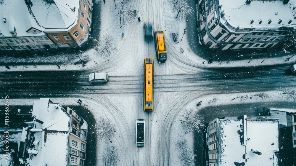 Aerial shot of trams moving through snowy streets in a wintery European town
