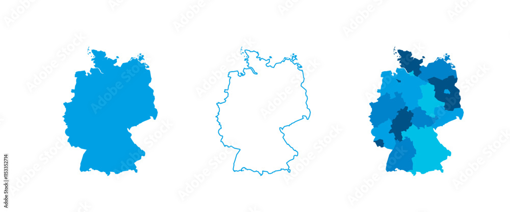 Obraz premium Germany set of three maps - solid map, outline map and map highlighting administrative divisions. Three distinct maps illustrate various representations of a geographical area.