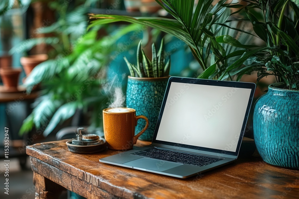 wooden table displaying a laptop with a blank white screen and a steaming cup of coffee set against a vibrant potted plant creating a cozy workspace atmosphere wooden table displaying a laptop with a blank white screen and a steaming cup of coffee set against a vibrant potted plant creating a cozy workspace atmosphere