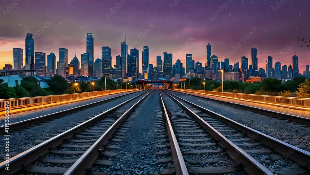 Railroad tracks leading to vibrant city skyline with aurora borealis in the sky seamless looping 4k time-lapse animation video background Railroad tracks leading to vibrant city skyline with aurora borealis in the sky seamless looping 4k time-lapse animation video background