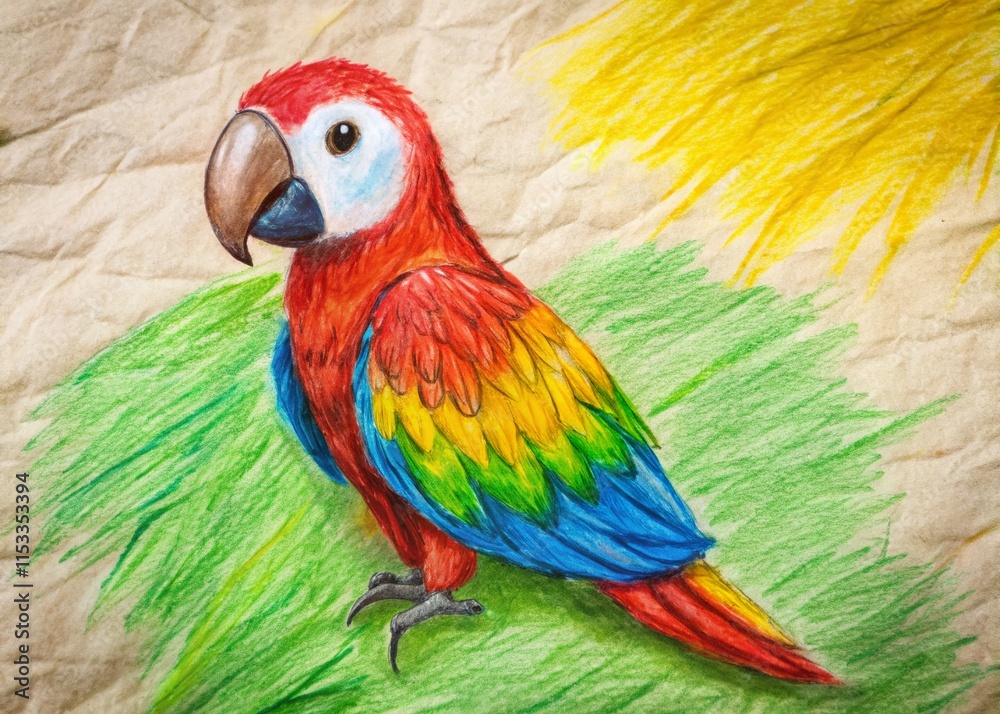 Obraz premium Simple Parrot Drawing, Child's Artwork, Colorful Bird Sketch, Hand-Drawn Illustration, Cute Parrot Design