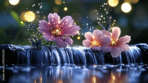 Enchanted garden creatures Trickling waterfall creating soothing melody