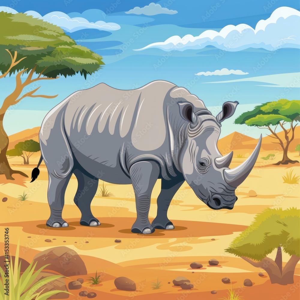 Fototapeta premium Powerful rhinoceros stands in a dry savanna landscape, surrounded by acacia trees, rocks, and grass, under a bright blue sky