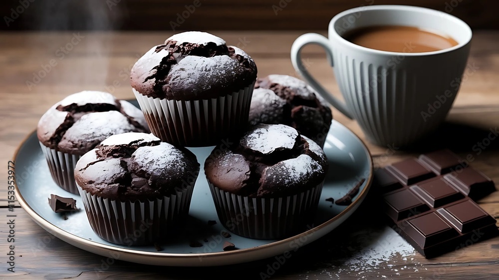 A plate of chocolate muffins sprinkled with powdered sugar a cup of coffee and a piece of chocolate on a wooden surface. A plate of chocolate muffins sprinkled with powdered sugar a cup of coffee and a piece of chocolate on a wooden surface.
