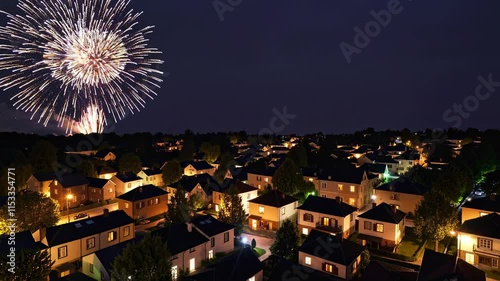 Fireworks Display Over Urban Neighborhood, Dark Night Sky, 4th of July Celebration
