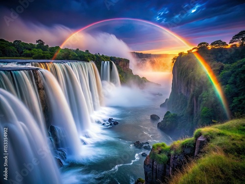 Breathtaking low-light photography captures Victoria Falls at night, its mist shimmering with a rainbow.