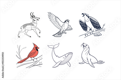 6 different American animals minimalist vector illustration of happy face photo