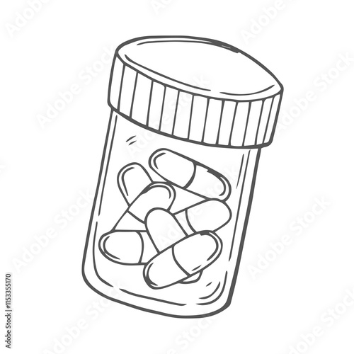 Hand drawn medicine pills, tablet, capsule and package bottle isolated on white background. Pills cartoon sketch