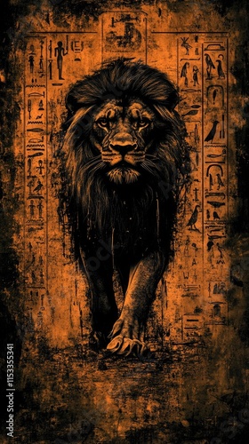 A majestic lion emerges against an ancient Egyptian backdrop, symbolizing strength and history. photo