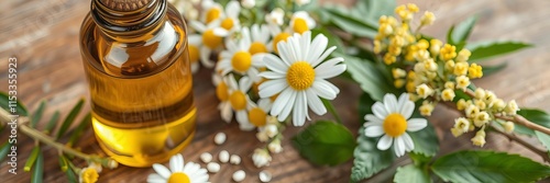 Herbal remedies displayed on rustic wooden table with tincture bottle, chamomile and helichrysum plants, fresh leaves, organic ingredients for natural homemade medicine, medicinal herbs, fresh leaves photo