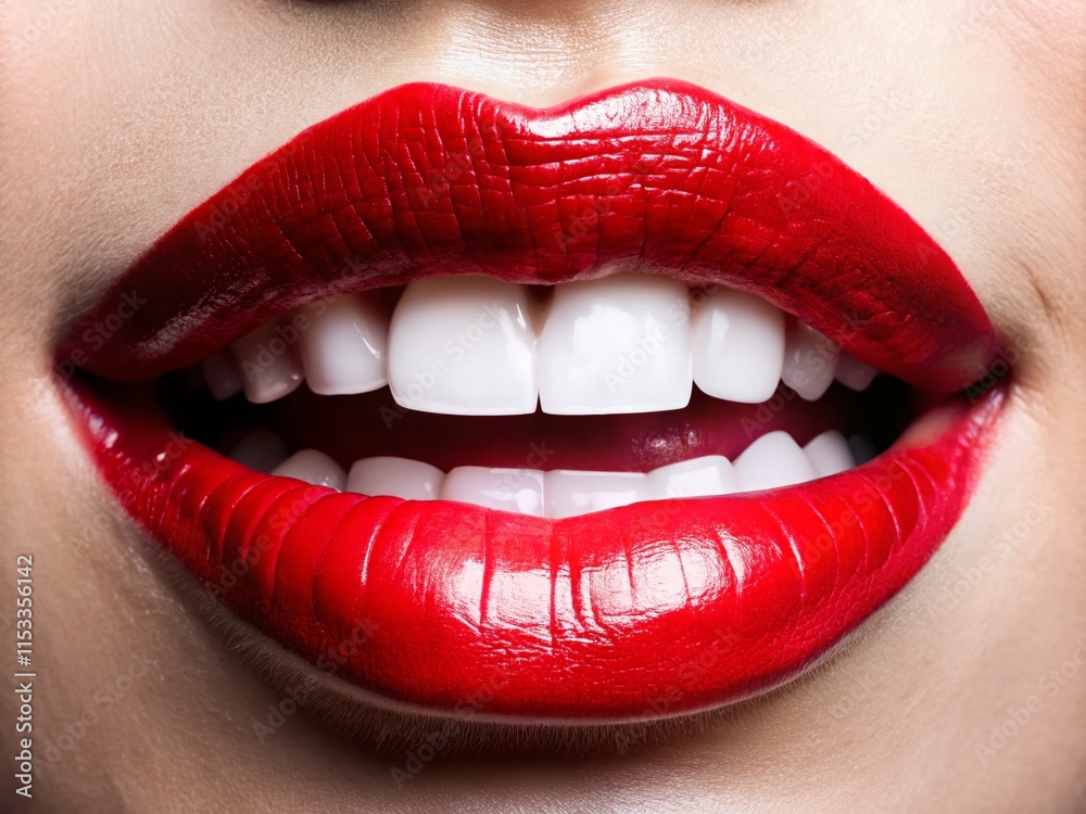 Obraz premium Smiling Red Lips with Teeth, Isolated on White Background - Stock Photo