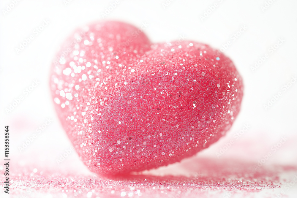 A lovely pink heart rests comfortably atop a sparkling pile of pink glitter A lovely pink heart rests comfortably atop a sparkling pile of pink glitter