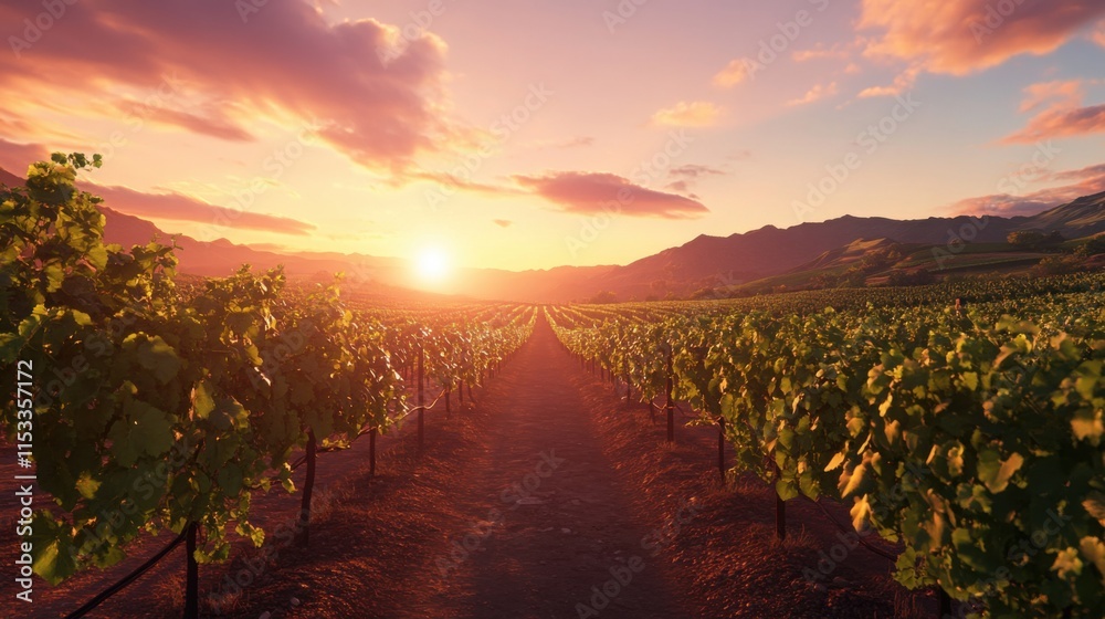 Fototapeta premium Vineyard sunset landscape peaceful nature scene.