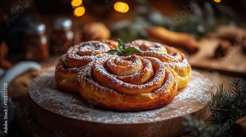 Swedish Kanelbullar cinnamon roll wreath with powdered sugar in festive setting photo