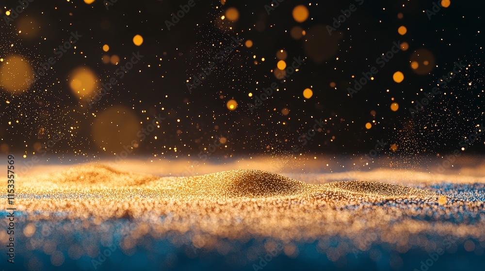 Obraz premium Sparkling Gold Dust Festive Background Holiday Glitter Dark Blue Bokeh Lights