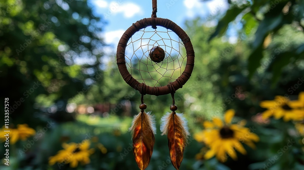 Fototapeta premium Boho Decor. Brown dreamcatcher hanging outdoor, nature background, sun