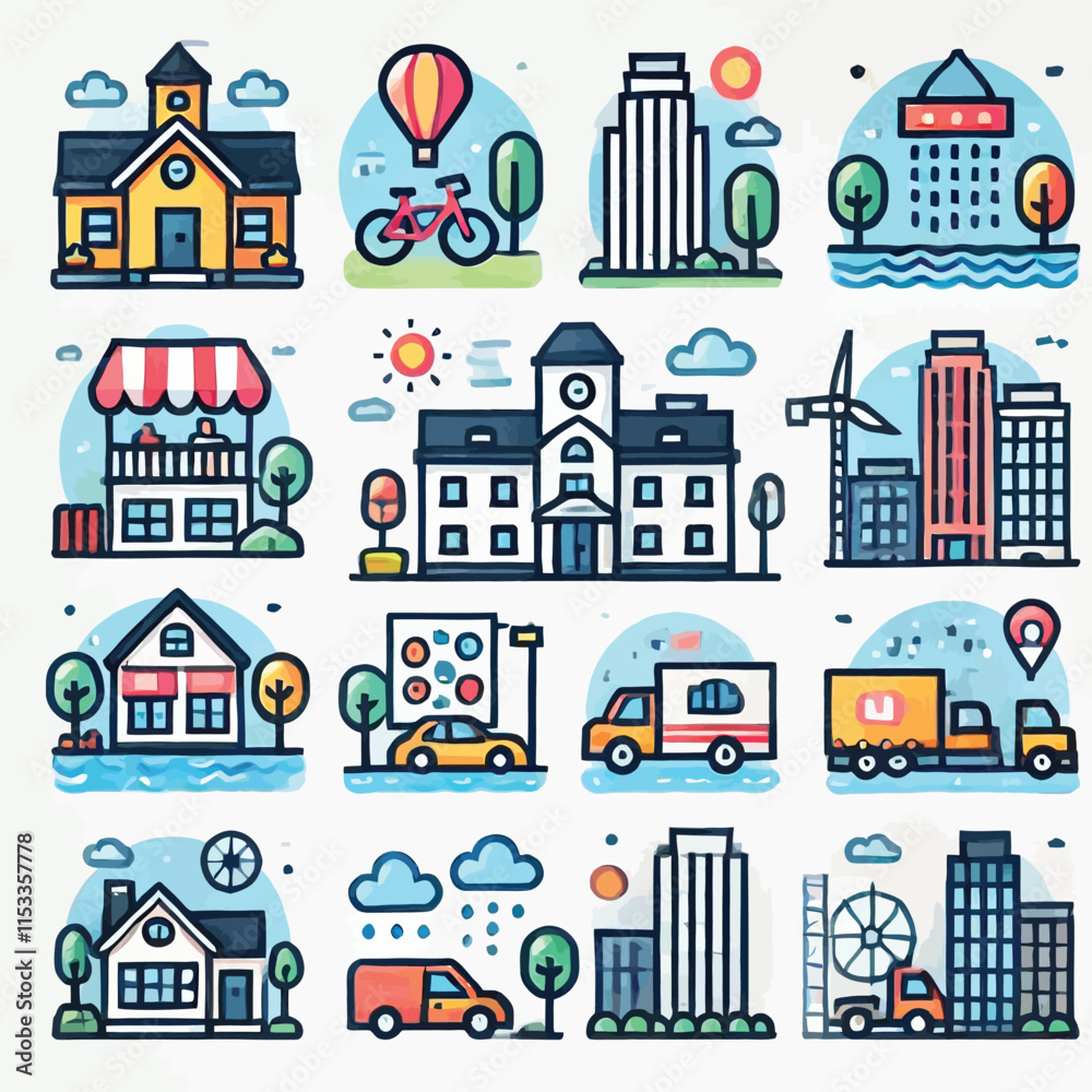 Naklejka premium Building icon set flat illustration vector