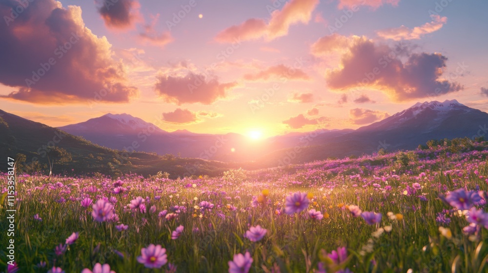Fototapeta premium Anime Sky. Bright Clouds, Blue Horizon, Fluffy Cartoon Illustration, Beautiful Scenic Nature, Calm Morning, Colorful Landscape, Spring Outdoor Art.