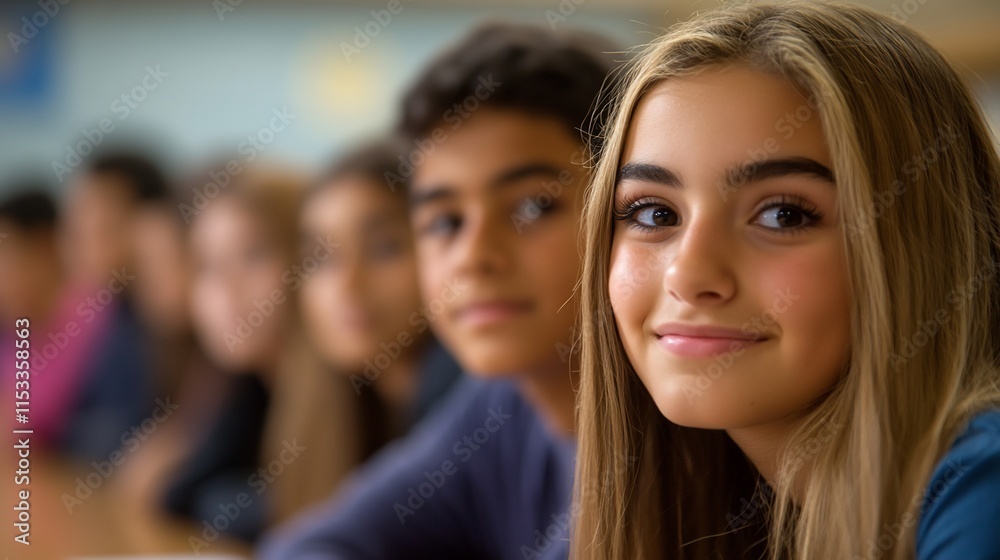 Group of young students smiling in a classroom setting. Group of young students smiling in a classroom setting.