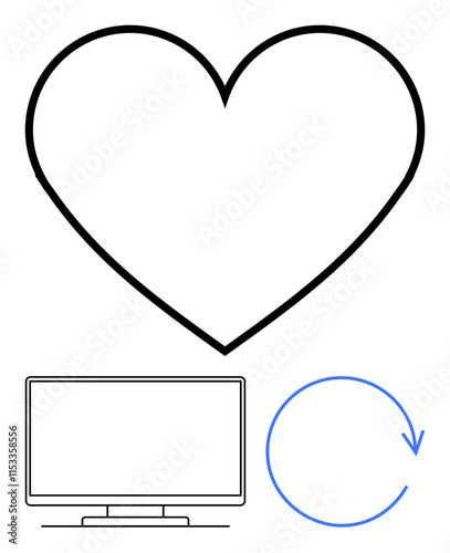 Large black heart outline above minimalist monitor and blue refresh icon representing technology and renewal. Ideal for technology, health, wellness, modern design, renewal, user interface