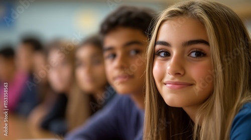 Group of young students smiling in a classroom setting.