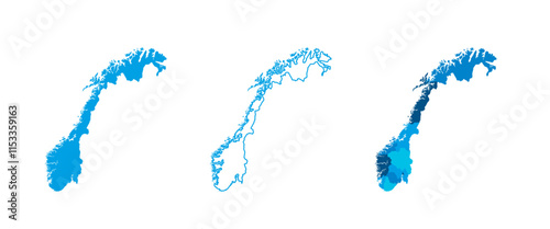 Norway set of three maps - solid map, outline map and map highlighting administrative divisions. Three distinct maps illustrate various representations of a geographical area.