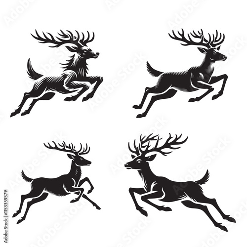 4 Set of Black Running Deer Silhouettes Isolated on White Background
