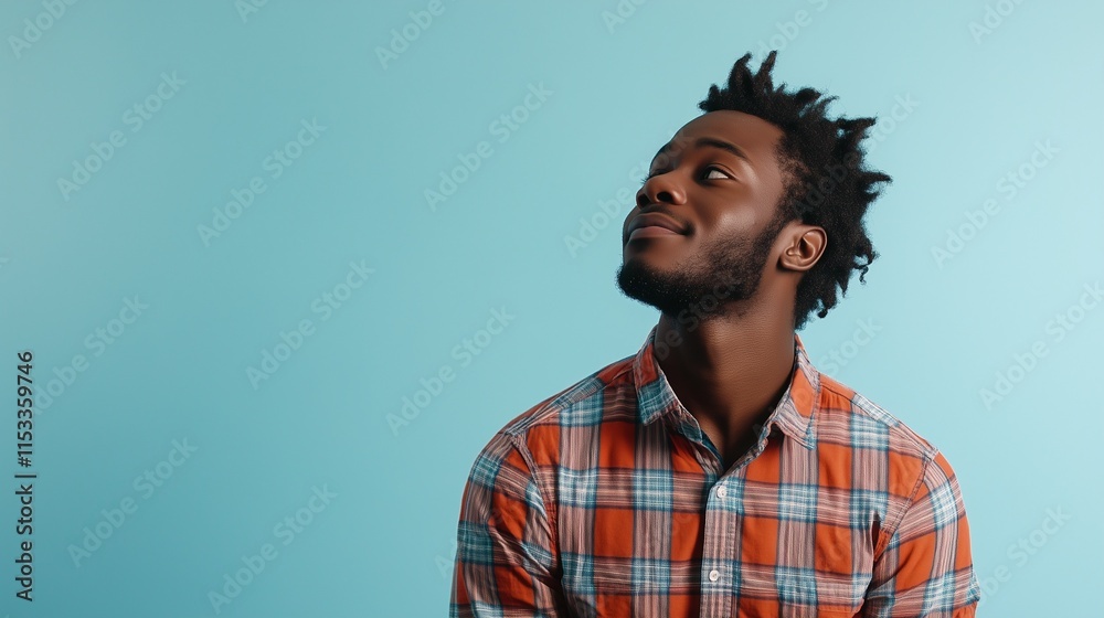 Fototapeta premium Young man in a plaid shirt looking up against a blue background