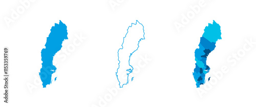 Sweden set of three maps - solid map, outline map and map highlighting administrative divisions. Three distinct maps illustrate various representations of a geographical area.