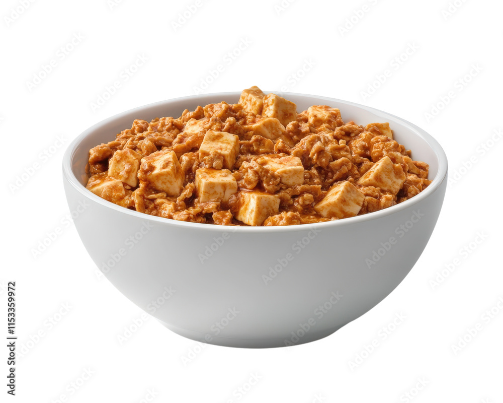 bowl of spicy mapo tofu with minced meat, isolated on transparency background. dish features rich, savory sauce with hint of heat, showcasing vibrant colors and textures of ingredients bowl of spicy mapo tofu with minced meat, isolated on transparency background. dish features rich, savory sauce with hint of heat, showcasing vibrant colors and textures of ingredients