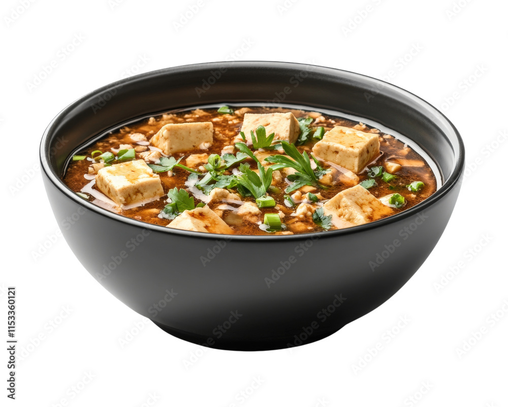 bowl of spicy mapo tofu garnished with fresh herbs and green onions, showcasing rich, flavorful sauce. dish is presented in simple, elegant black bowl, highlighting its vibrant colors bowl of spicy mapo tofu garnished with fresh herbs and green onions, showcasing rich, flavorful sauce. dish is presented in simple, elegant black bowl, highlighting its vibrant colors