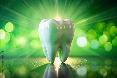 Sparkling White Tooth Model on Green Background - Dental Health Stock Photo photo