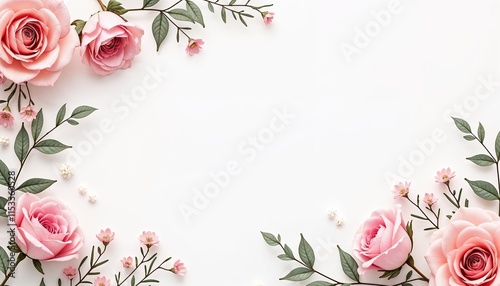 Floral frame with pink roses and leaves on white background for wedding invitations