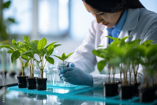 Researcher conducts plant experiment in laboratory with care and precision. Generative AI photo