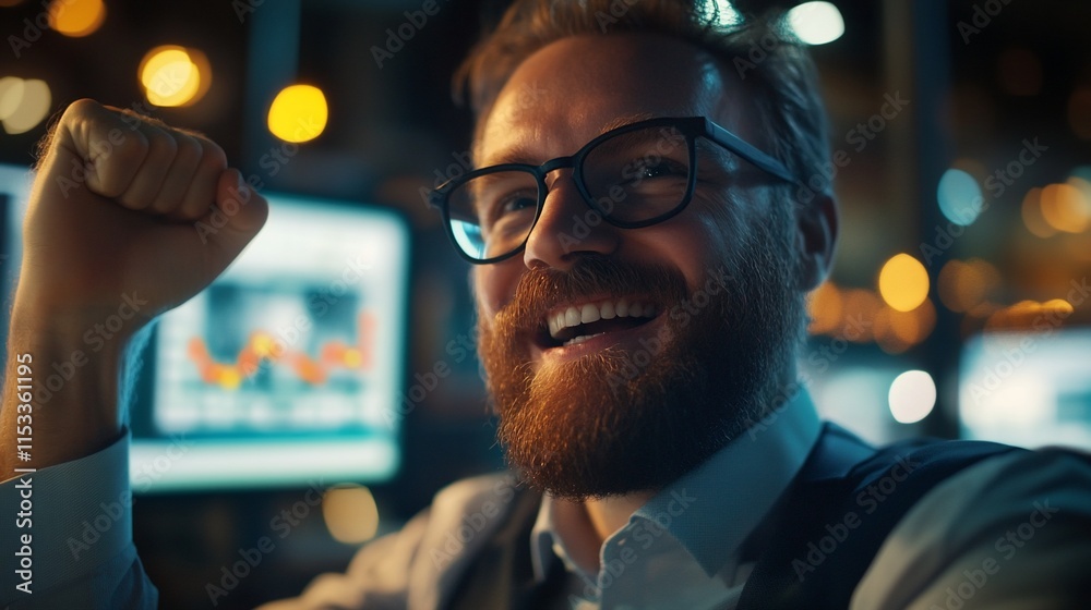 Happy man celebrating success in a modern office setting. Happy man celebrating success in a modern office setting.