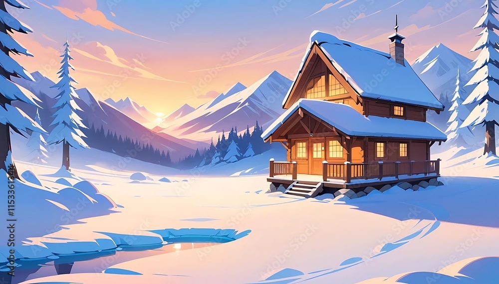 Fototapeta premium Cozy Winter Cabin in Snowy Mountains at Sunrise Illustration