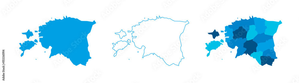 Estonia set of three maps - solid map, outline map and map highlighting administrative divisions. Three distinct maps illustrate various representations of a geographical area. Estonia set of three maps - solid map, outline map and map highlighting administrative divisions. Three distinct maps illustrate various representations of a geographical area.