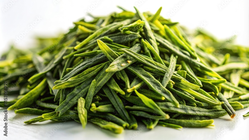 High-resolution culinary image: Japanese Bancha and green tea leaves, meticulously photographed against a pristine white backdrop. High-resolution culinary image: Japanese Bancha and green tea leaves, meticulously photographed against a pristine white backdrop.