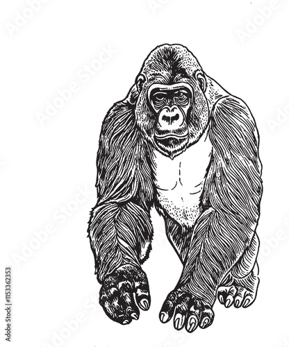 Gorilla and chimpanzee hand drawn, engraved wild animals in vintage or retro style, zoology african set