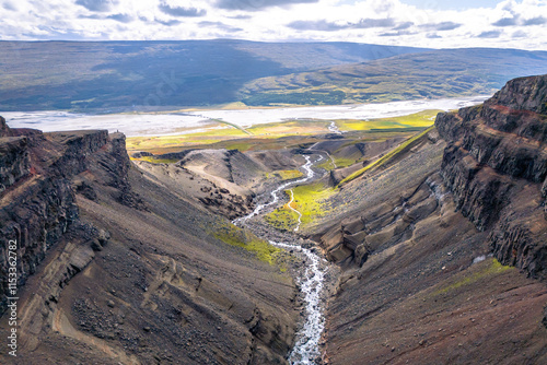 Aerial view of Hengifoss waterfall, Egilsstadir, Iceland photo