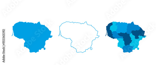 Lithuania set of three maps - solid map, outline map and map highlighting administrative divisions. Three distinct maps illustrate various representations of a geographical area.