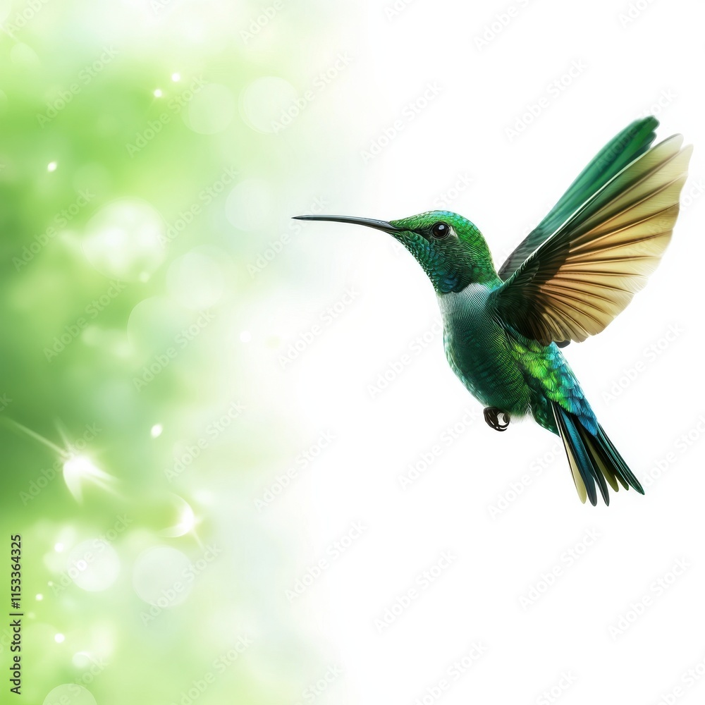 Fototapeta premium A vibrant hummingbird hovers gracefully against a soft, blurred green background, showcasing its iridescent feathers and delicate wings.