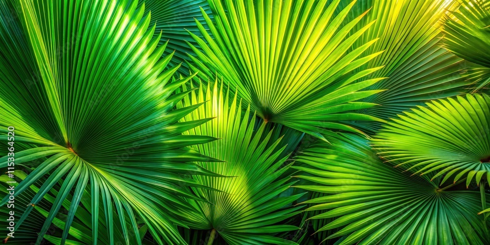 Fototapeta premium Lush tropical foliage, viewed from above, showcases bright green leaves and stark shadow patterns.