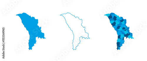 Moldova set of three maps - solid map, outline map and map highlighting administrative divisions. Three distinct maps illustrate various representations of a geographical area.