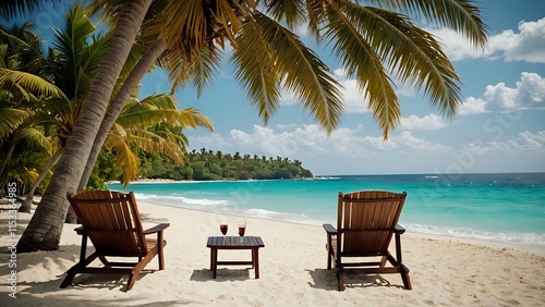 Caribbean Palm Beach With Wooden Chairs And Straw Umbrella - Idyllic Island