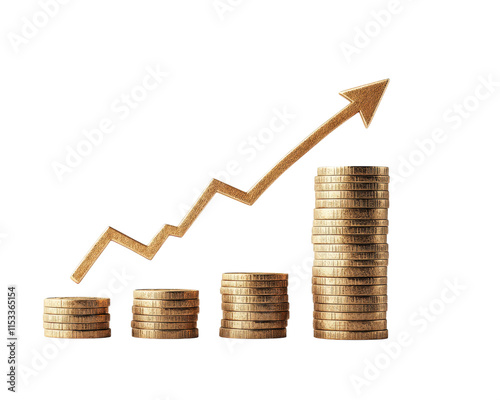 stack of golden coins increasing in height with rising arrow symbolizing financial growth and success. image conveys sense of economic prosperity and investment potential