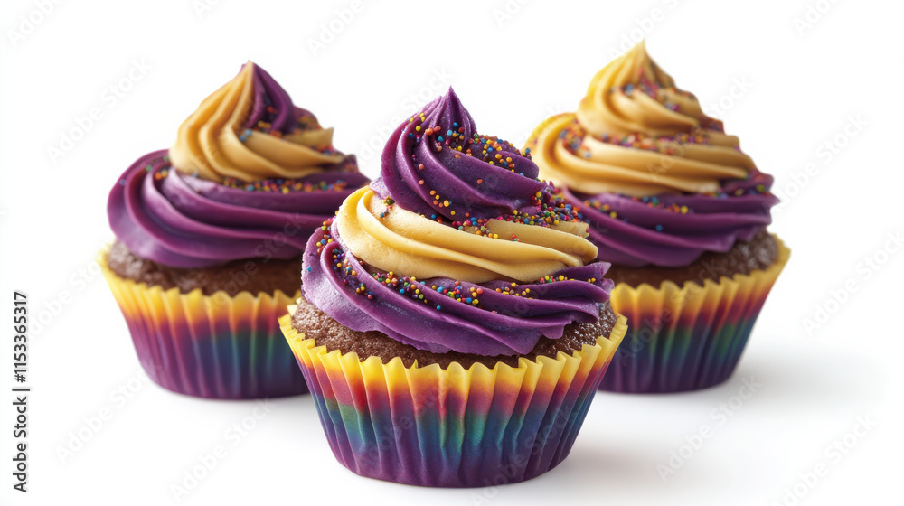 A cut-out image of vibrant red cabbage cupcakes, topped with swirls of glowing golden frosting and edible sprinkles, arranged in rainbow-striped cupcake liners, isolated on a pure white background, cl
