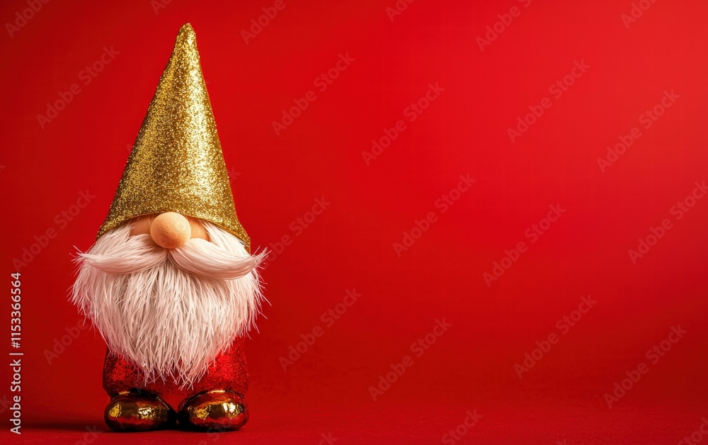 A festive gnome with a shiny gold hat and fluffy white beard, standing on a bright red background