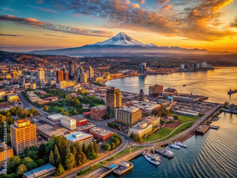 Obraz premium Stunning Aerial View of Tacoma, Washington Skyline at Sunset